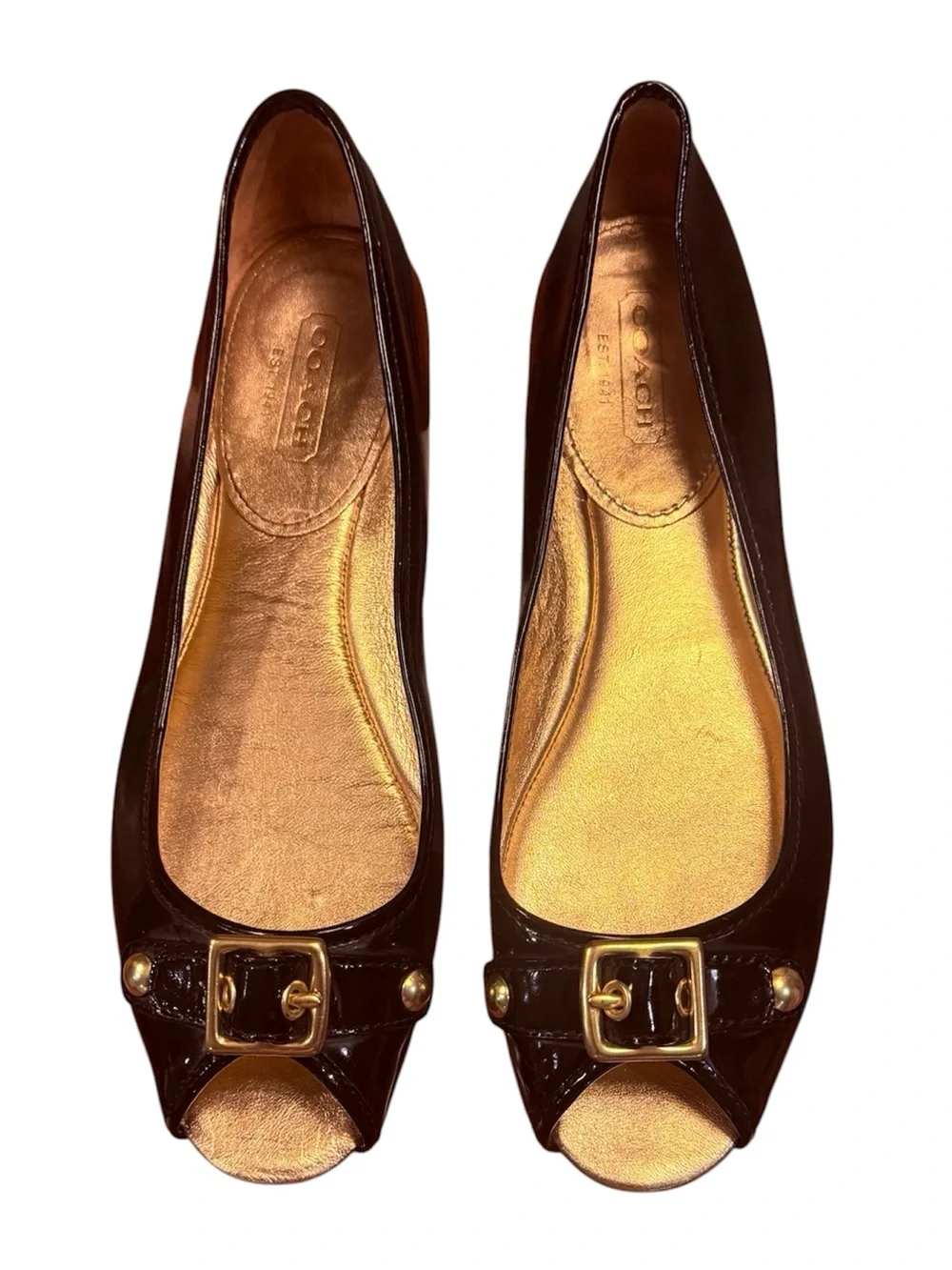 Coach Leana Slip-on Flats Patent Leather Gold Buckle Peep Toe Size 10 Shoes